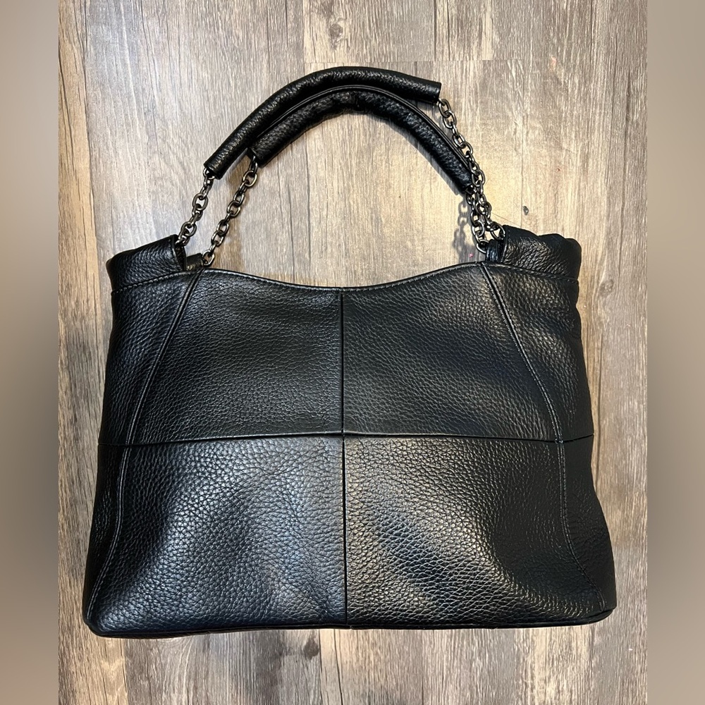 Black Leather Patchwork Paneling Handbag with Chain Strap Pebbled Leather Chic